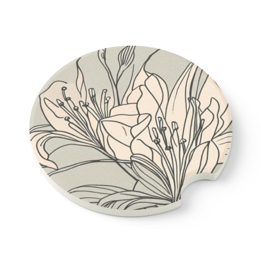 Lilies Soapstone Car Coaster Line-drawing Absorbent Drink Holder for Car, Vehicle Interior Decor