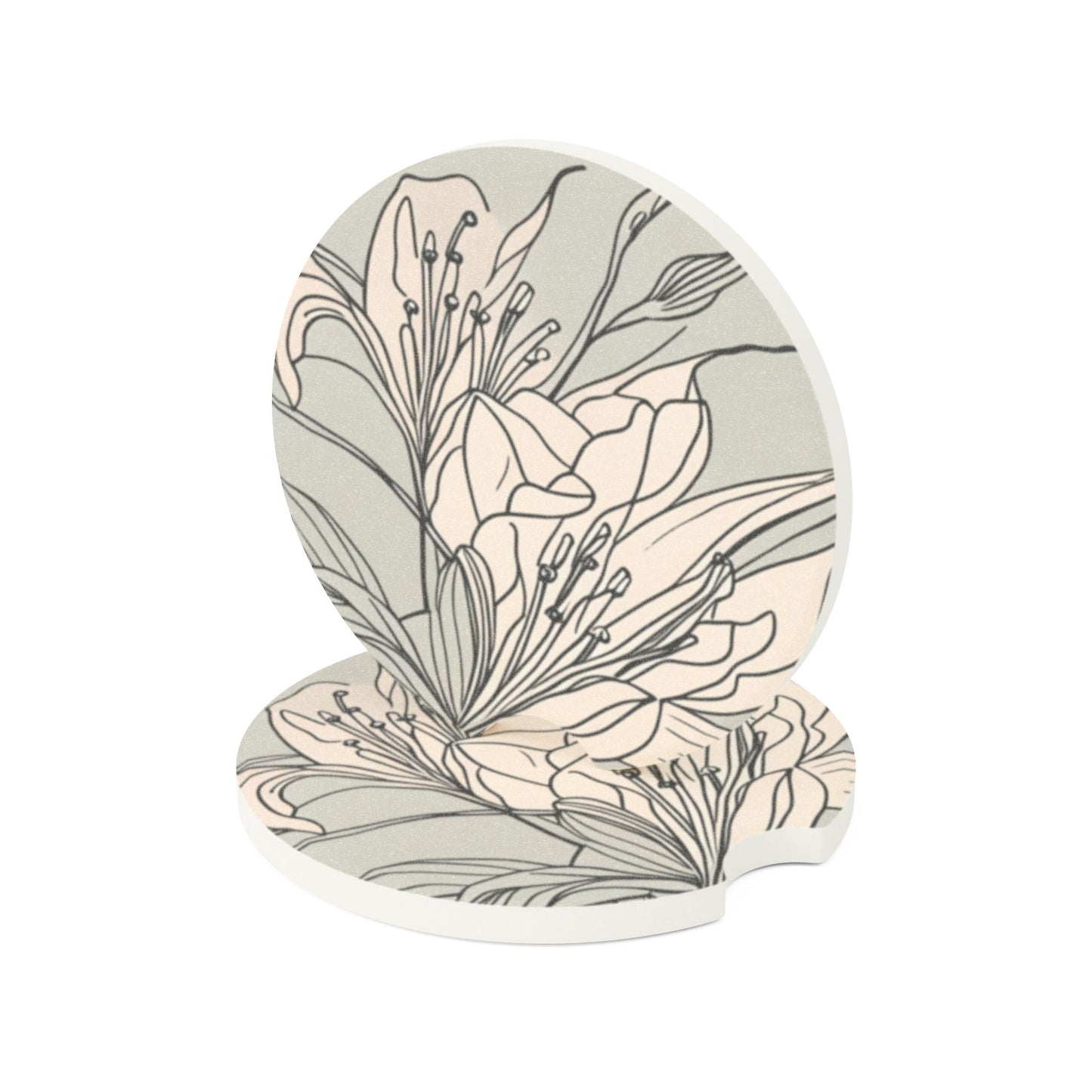 Lilies Soapstone Car Coaster Line-drawing Absorbent Drink Holder for Car, Vehicle Interior Decor